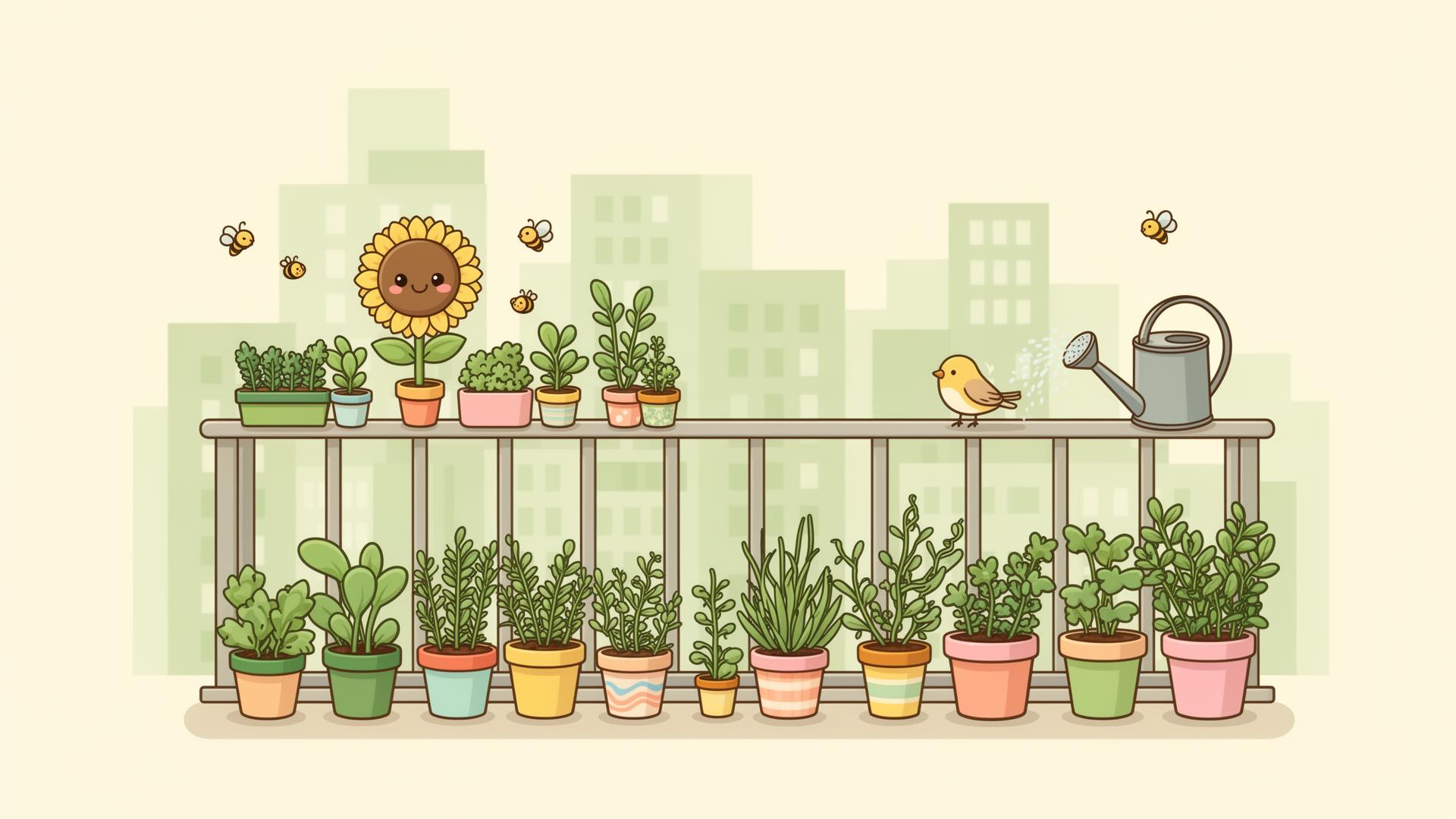 Balcón con plantas y mini huerto urbano